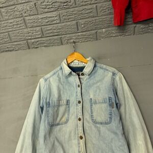 Woolrich Womens Light Wash Denim Fleece‎ Lined Shirt Jacket Shacket Blue Size M